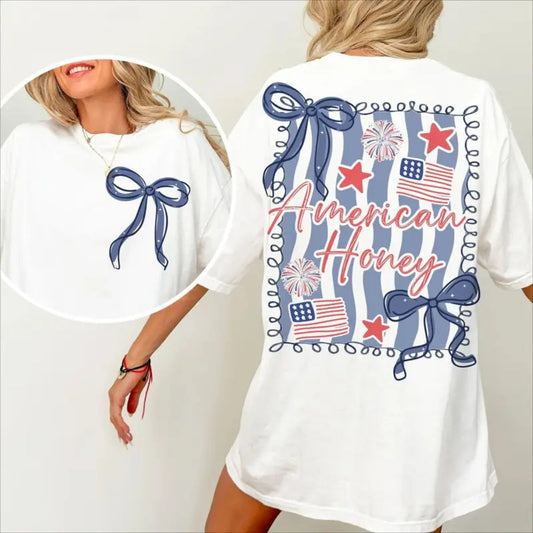 "American Honey" Coquette 4th Of July T-Shirt – Girly Vintage USA Graphic Tee, Premium 100% Cotton Independence Day Top, Made in USA - Teezioo