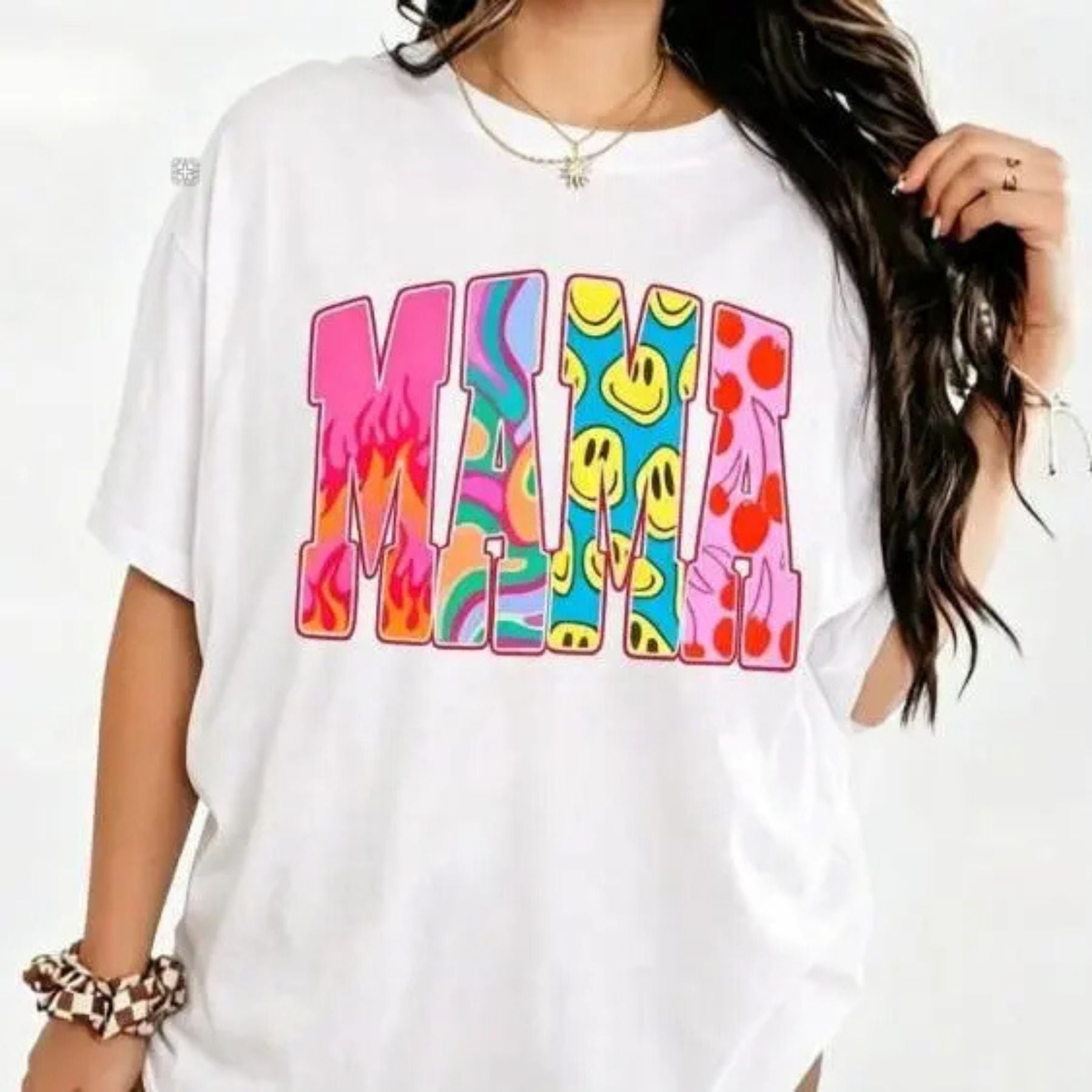 Color Block "MAMA" Graphic Tee – Trendy Retro Typography T-Shirt, Remastered Heavy Cotton Boho Mom Top, Made in USA - Teezioo