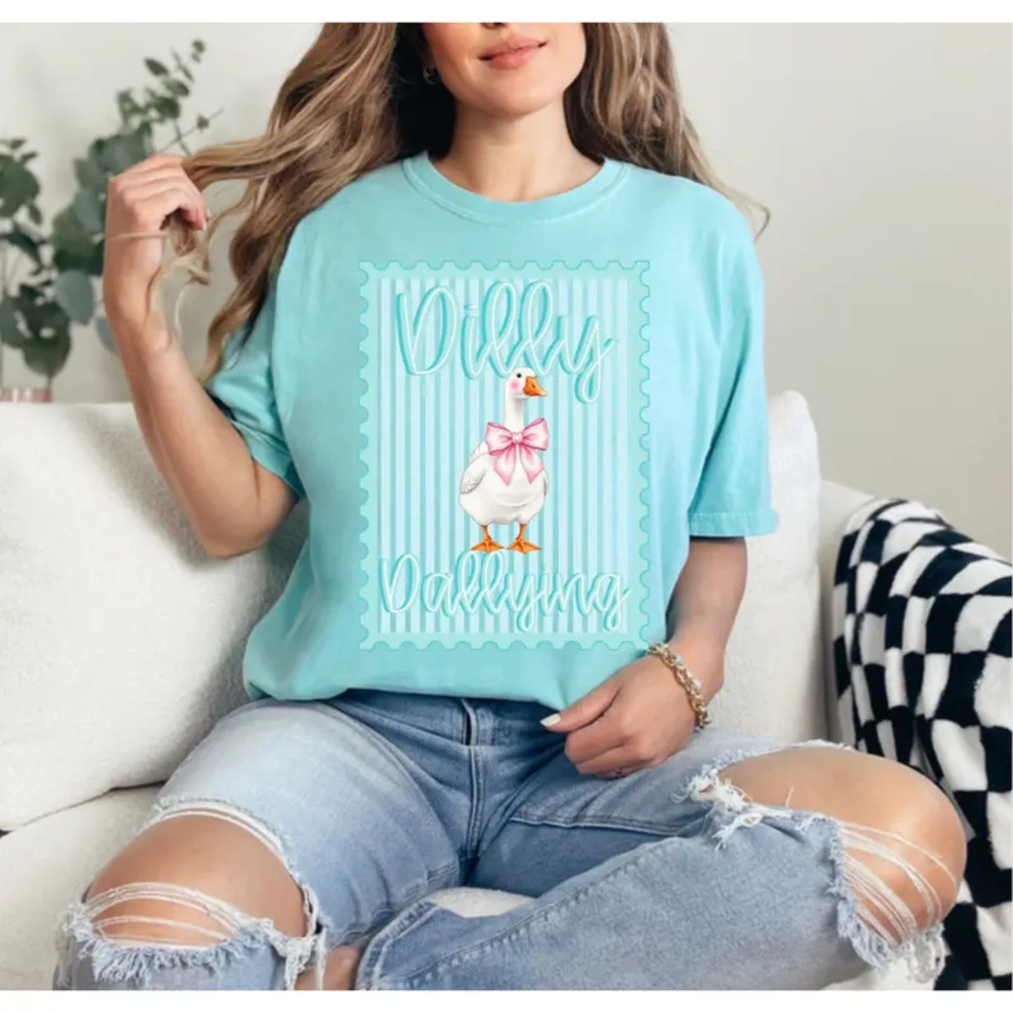 Comfort Colors® Preppy Dilly Dally Goose T-Shirt – Coquette Bow Goose Graphic Tee, Retro Striped Bow Stamp Shirt, Funny Preppy Aesthetic Gift for Her - Teezioo