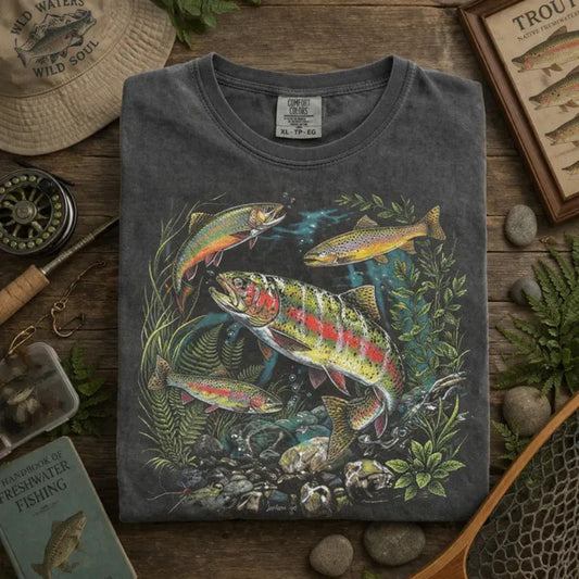 Comfort Colors Vintage Trout Fishing T-Shirt – Retro River Fish Graphic Tee, Aesthetic Angler Nature Shirt, Outdoorsman Gift - Teezioo