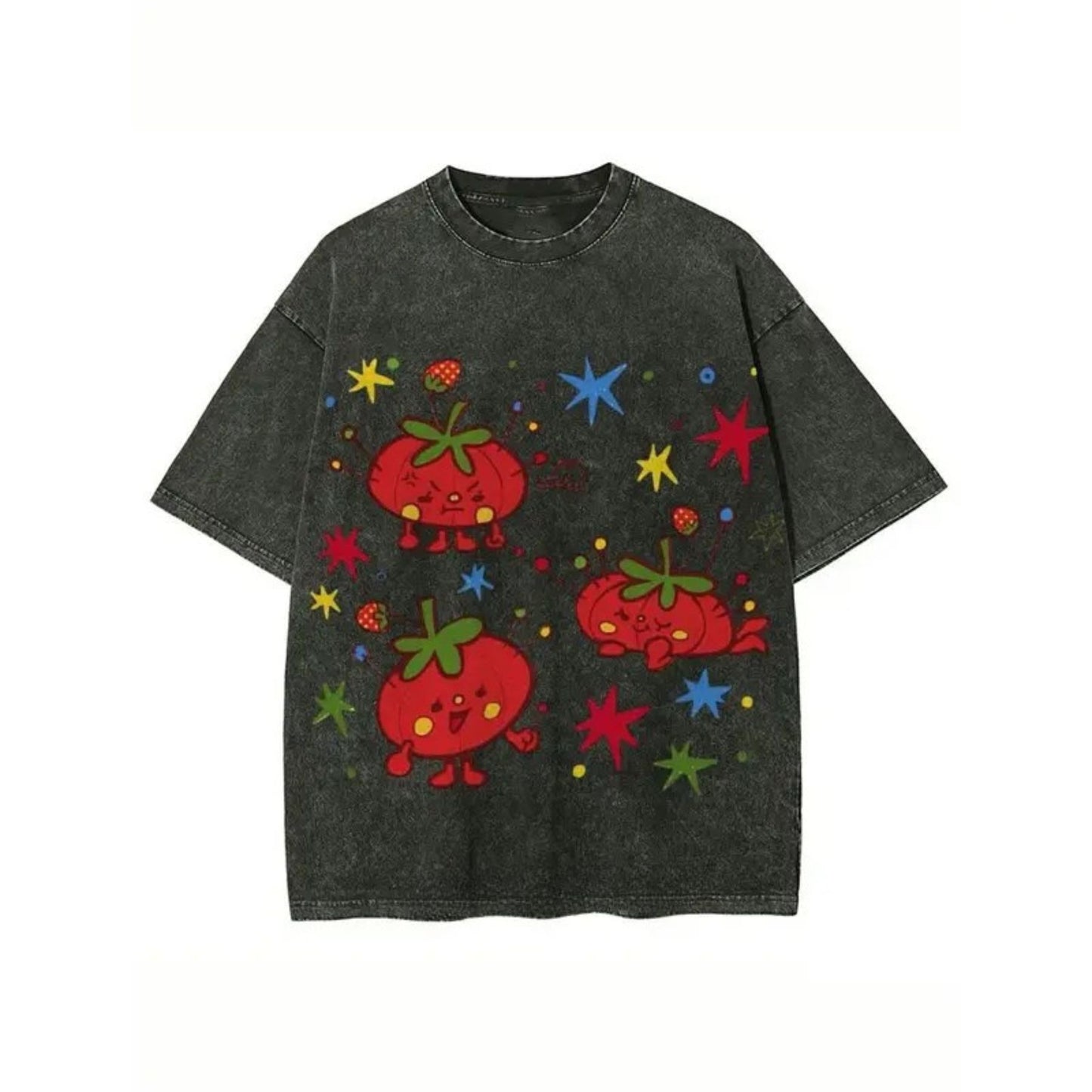 Cute Tomato Party Print T-Shirt – Retro Garden Vegetable Graphic Tee, Lightweight Vintage Washed Cotton Summer Top-Teezioo  