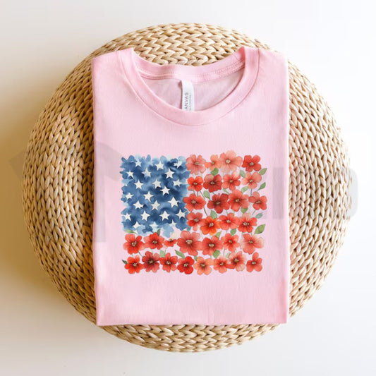 Floral American Flag Graphic T-Shirt – Patriotic Red Poppy 4th Of July Women’s Tee, Elegant Independence Day Apparel - Teezioo