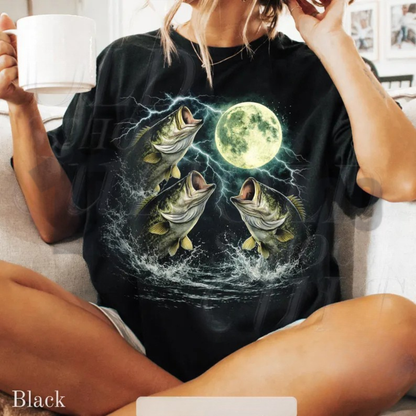 Front view of Bass Fish Moon 90s Vintage Graphic T-Shirt in an outdoor lifestyle mockup - dogmomhat