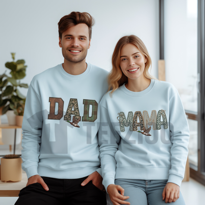 Front view of Camo Mama and Dada Matching Sweatshirt styled in a cozy family outfit with denim jeans - teezioo
