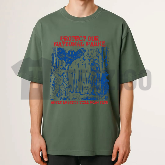 Front view of Comfort Colors Cryptid National Parks T-Shirt styled in a vintage camping apparel look - teezioo