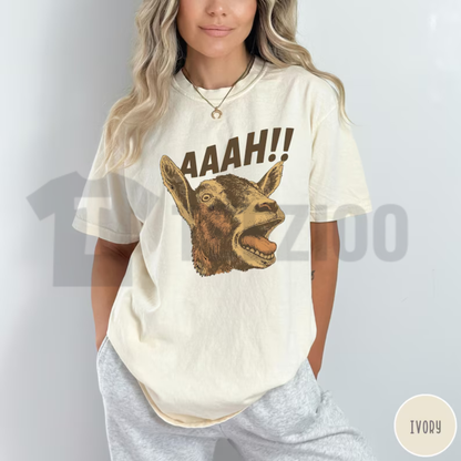 Front view of Comfort Colors Funny Goat Halloween T-Shirt styled in a cute autumn outfit with a plaid flannel shirt and jeans - teezioo