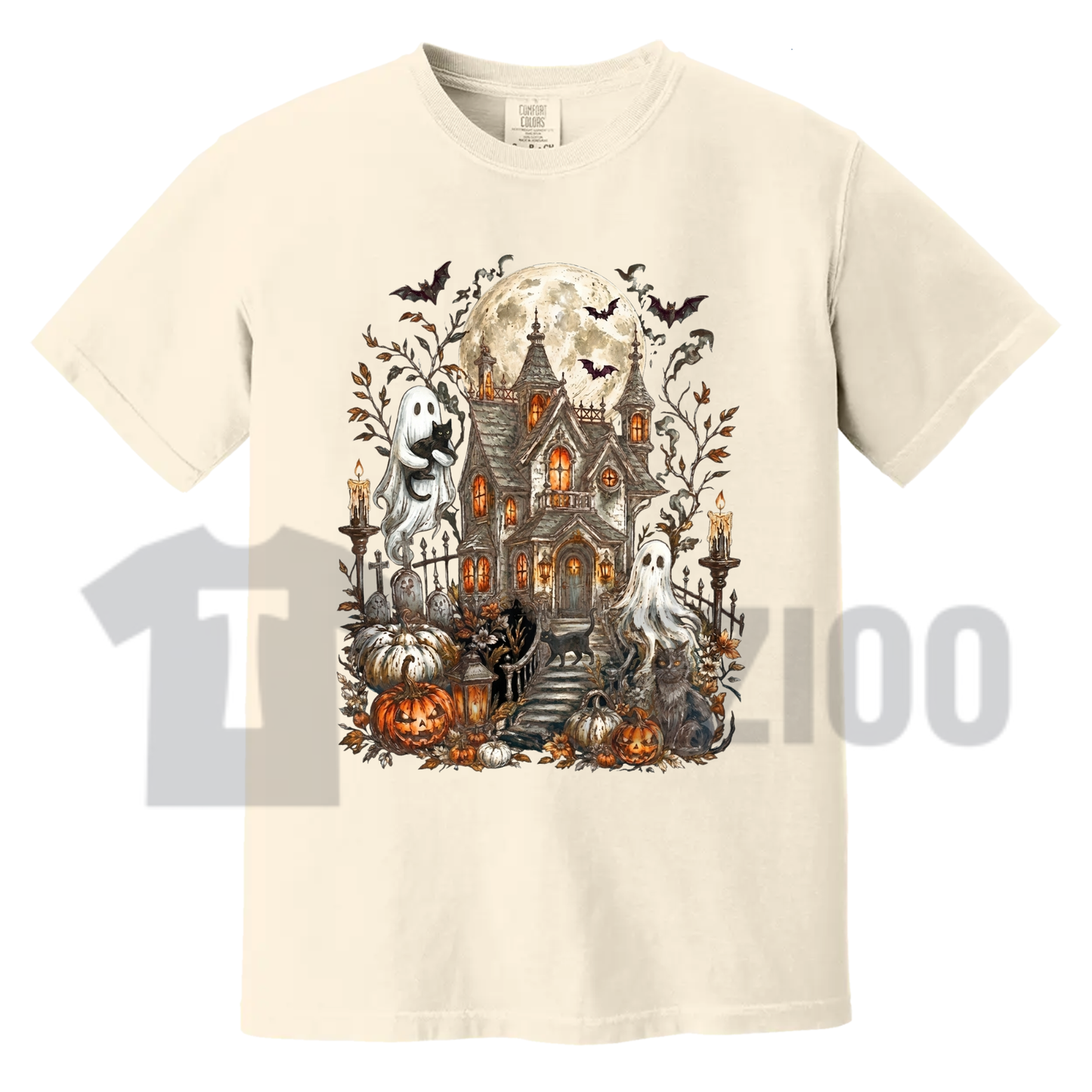 Front view of Comfort Colors Haunted House Ghost Halloween T-Shirt styled in a cozy fall aesthetic outfit - teezioo
