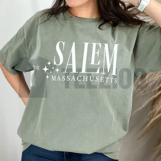 Front view of Comfort Colors Salem Retro Graphic T-Shirt styled in a cozy fall gothic outfit - teezioo