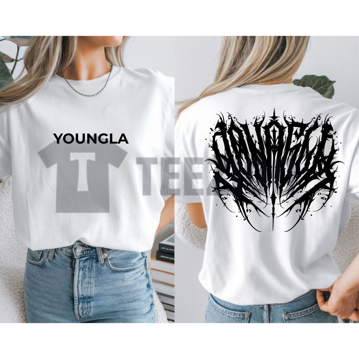 Front view of Cyber Sigilism Back Graphic T-Shirt styled in an edgy dark Y2K streetwear outfit - dogmomhat