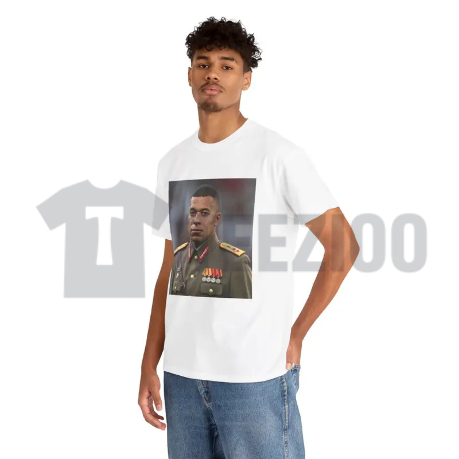 Front view of Dictator Mbappe Funny Football Meme Graphic T-Shirt in an urban style - teezioo
