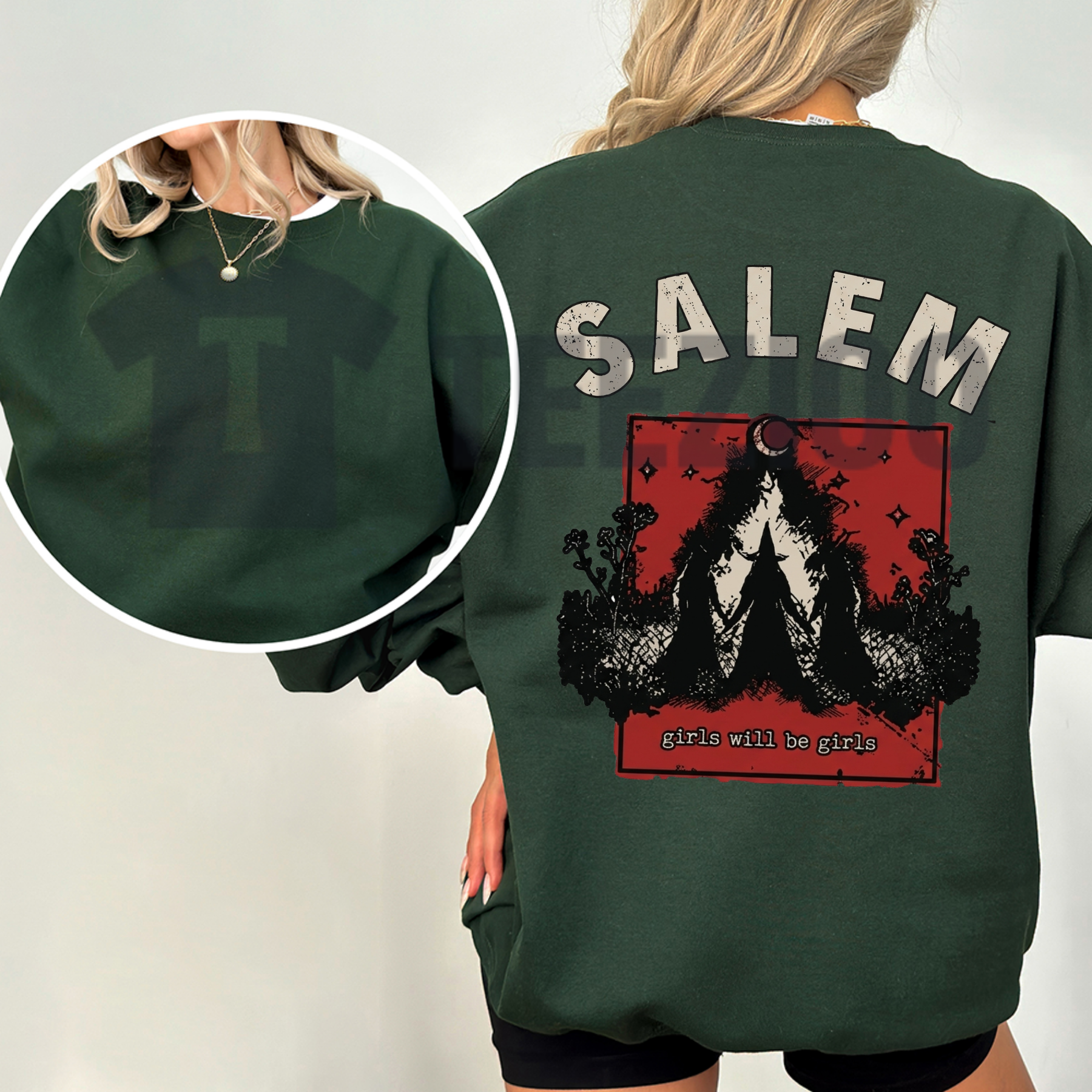 Front view of Girls Trip Salem Halloween Sweatshirt styled in a spooky autumn squad outfit - teezioo
