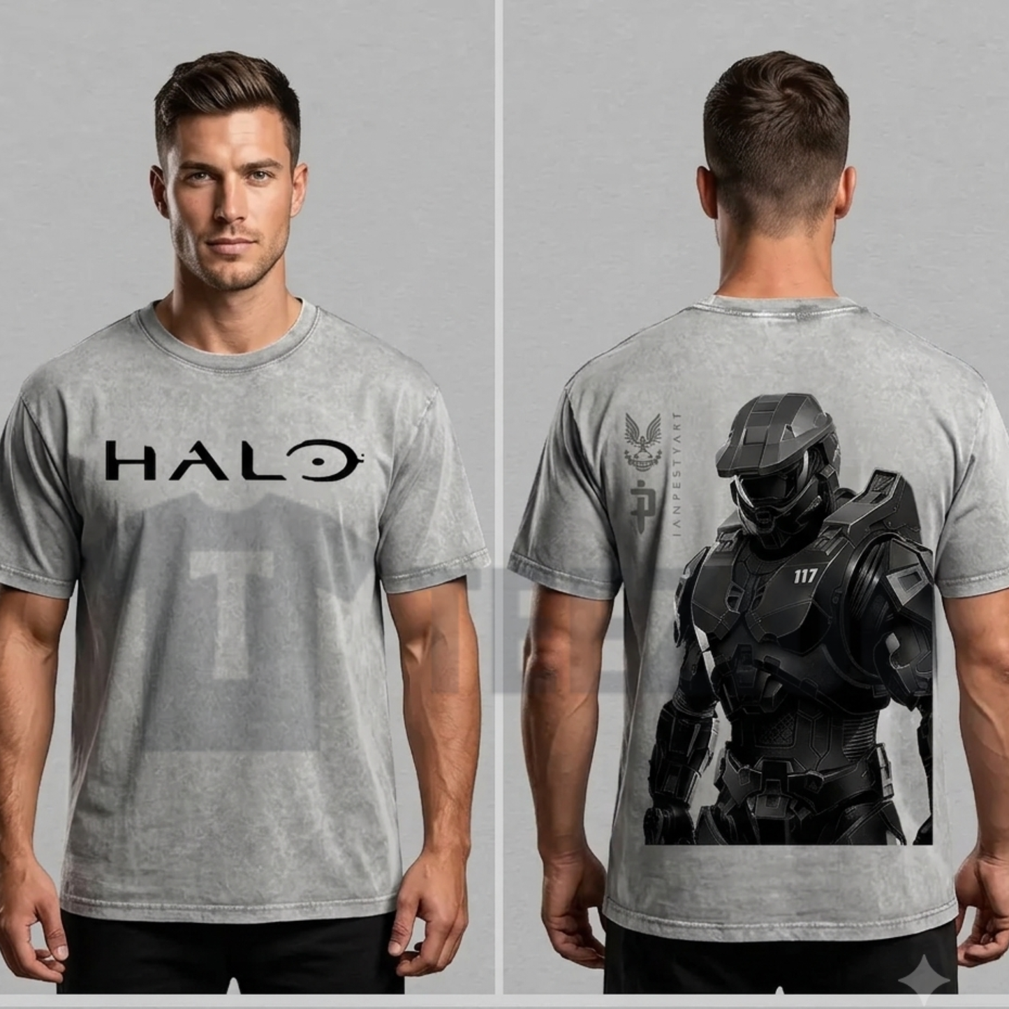 Front view of HALO Master Chief 117 Acid Wash T-Shirt featuring a minimalist chest print - teezioo