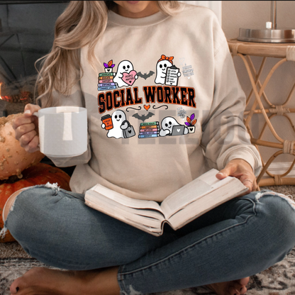 Front view of Halloween Social Worker Sweatshirt styled in a casual autumn outfit with denim jeans and sneakers - teezioo