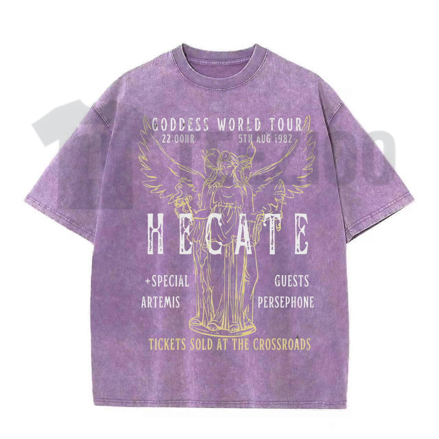 Front view of Hecate Goddess World Tour T-Shirt styled in a dark academia gothic streetwear outfit - teezioo
