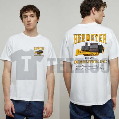 Front view of Heemeyer Demolition Inc Vintage Heavy Equipment Mechanic T-Shirt - teezioo