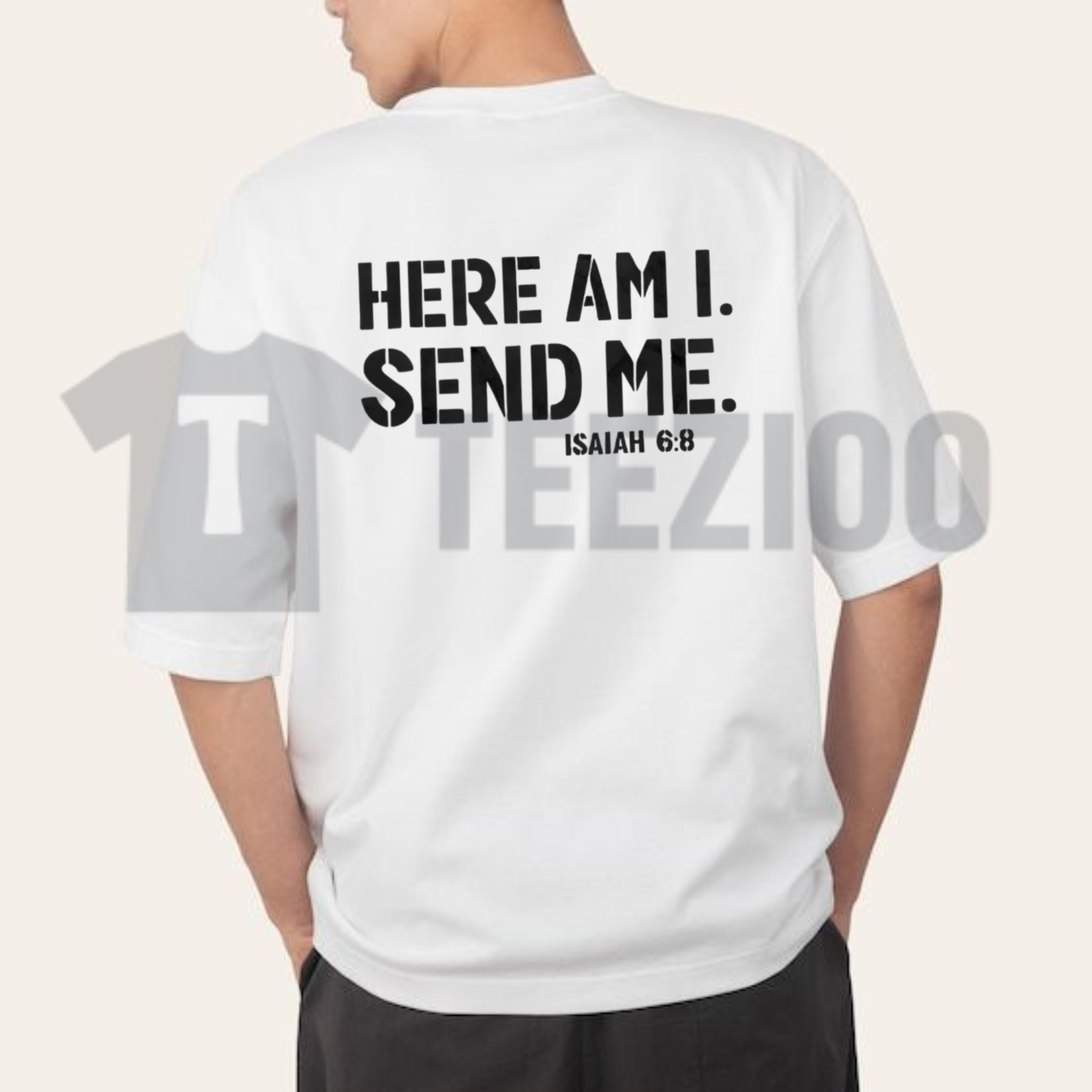 Front view of Here Am I Send Me Isaiah 6:8 Christian Bible Verse Faith Graphic Tee - teezioo