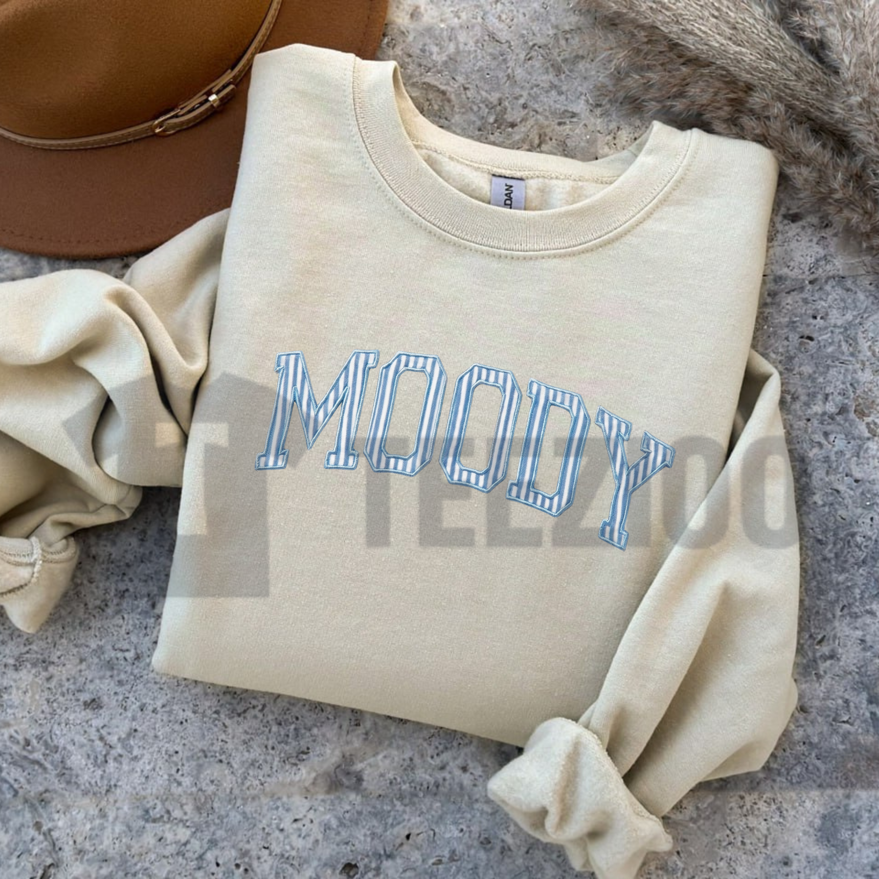 Front view of Moody Minimalist Embroidered Sweatshirt in a clean indie aesthetic lifestyle setting - teezioo