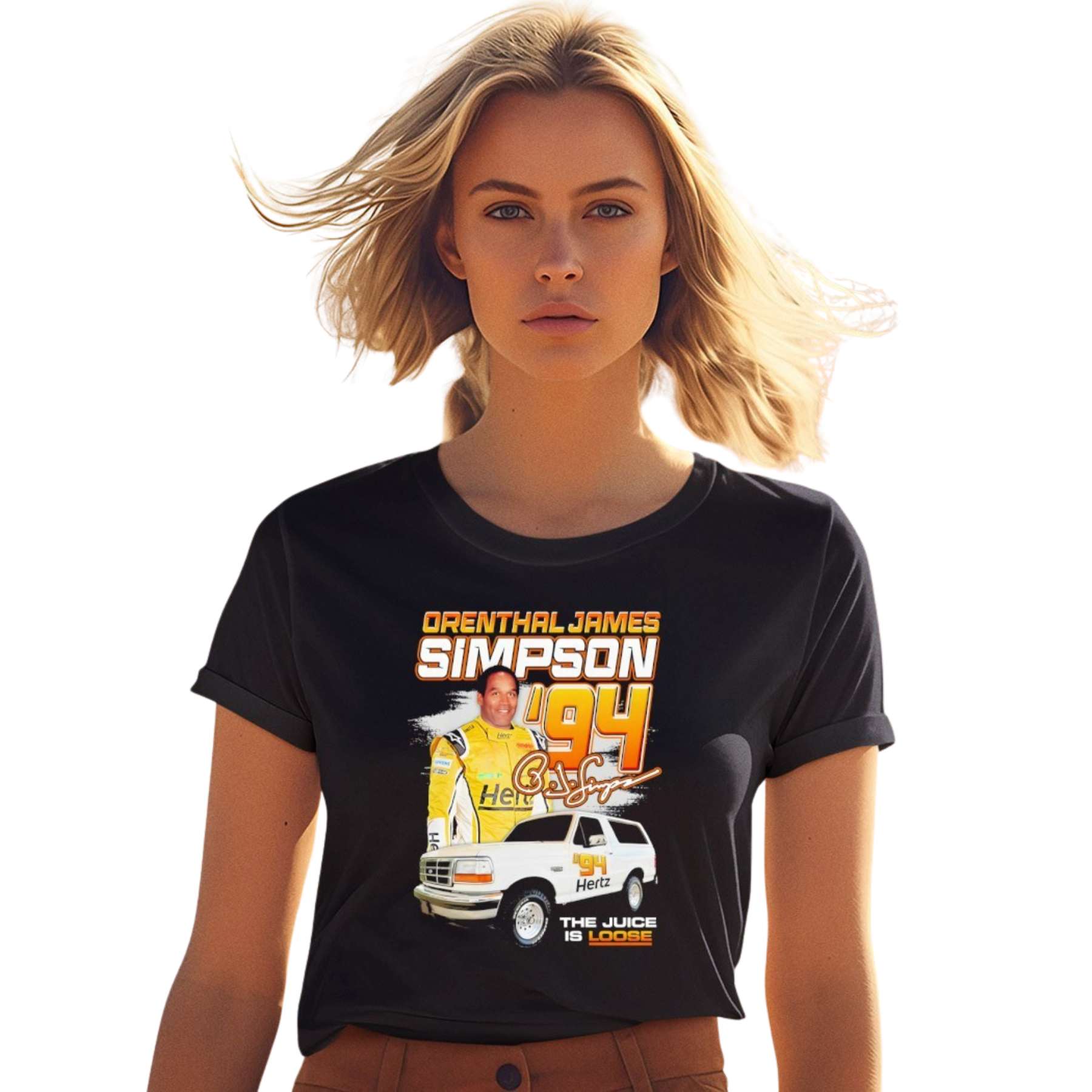 Front view of OJ Simpson 94 Professional Racer Case Parody Retro Graphic T-Shirt - dogmomhat