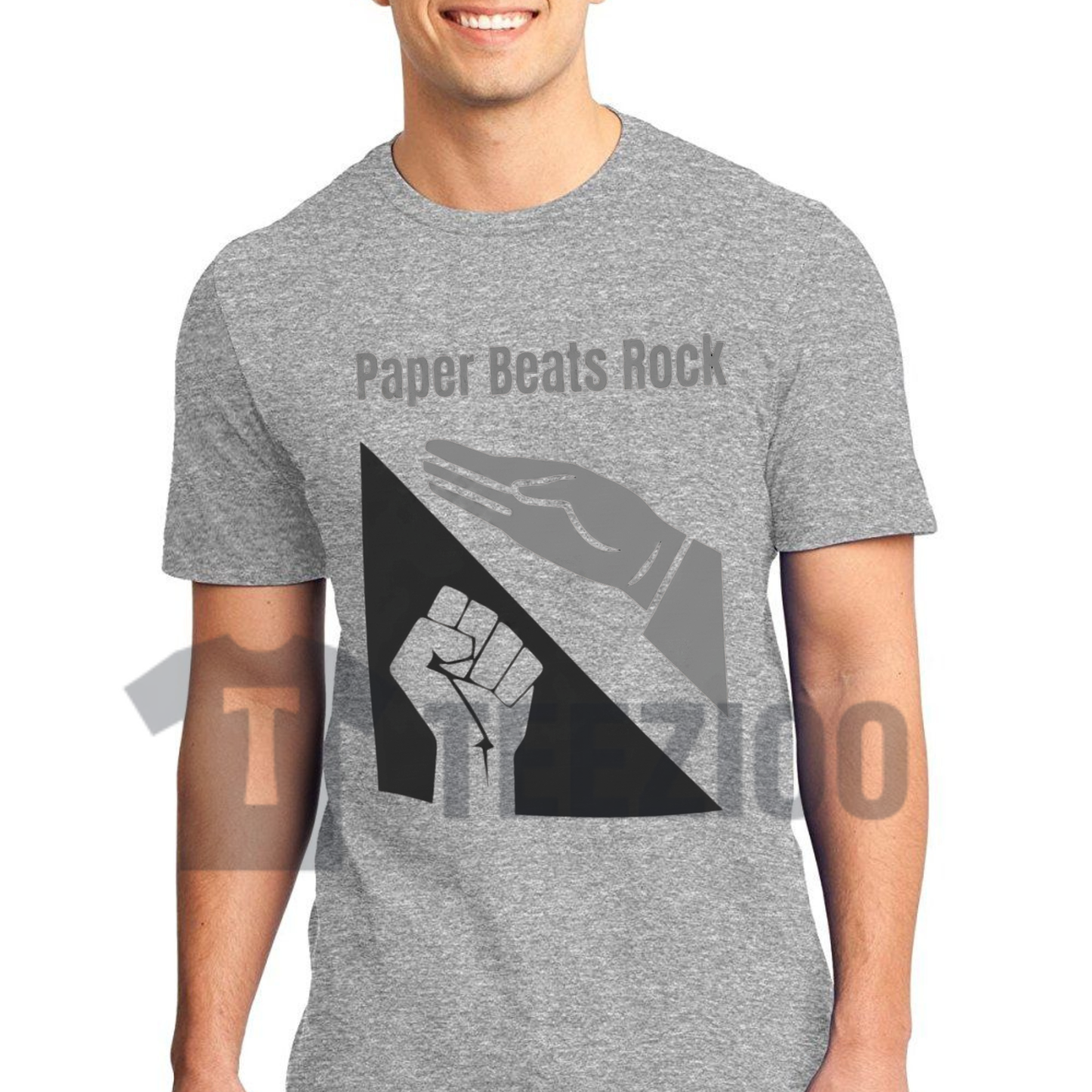 Front view of Paper Beats Rock Shirt styled in a casual game night outfit - teezioo