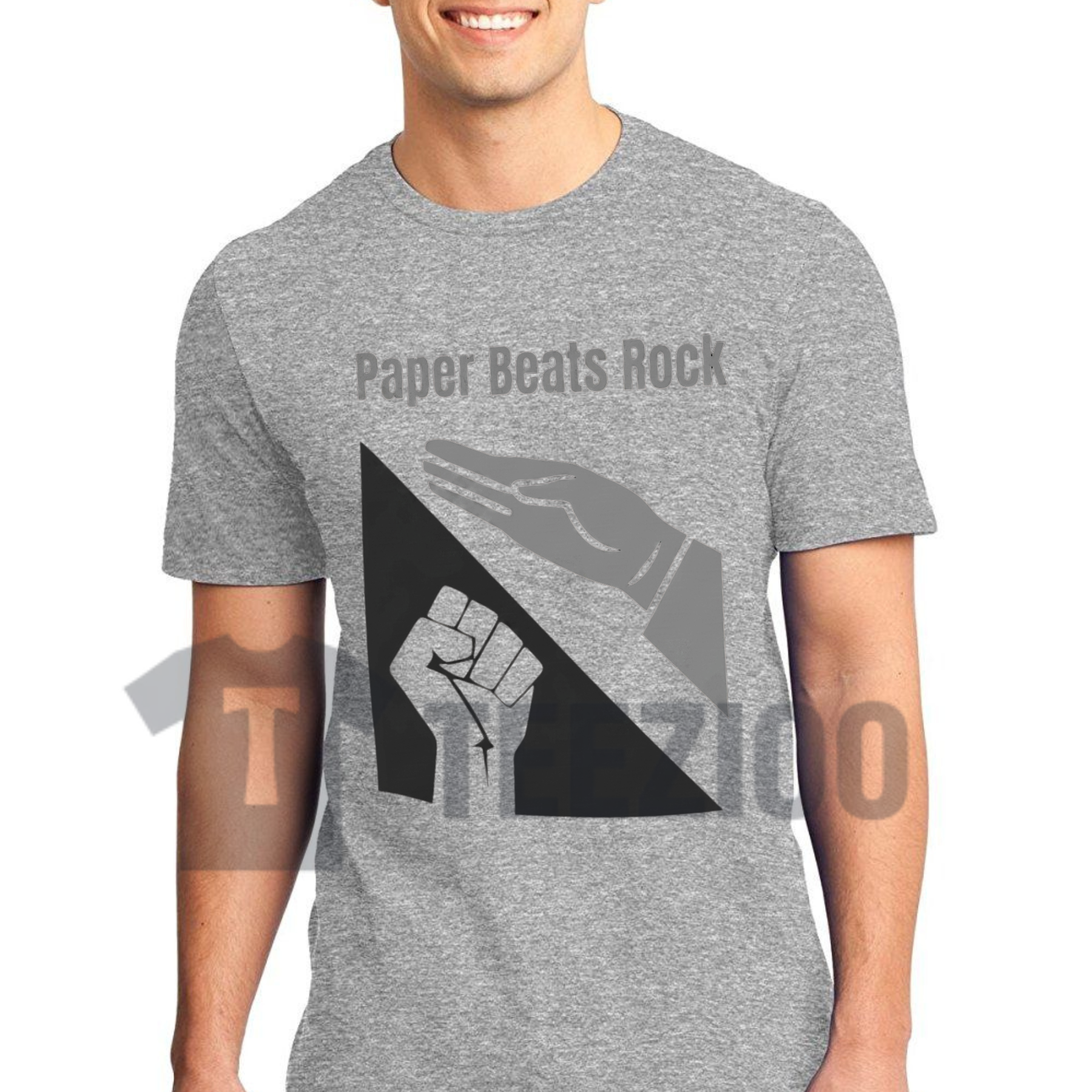 Front view of Paper Beats Rock Shirt styled in a casual game night outfit - teezioo