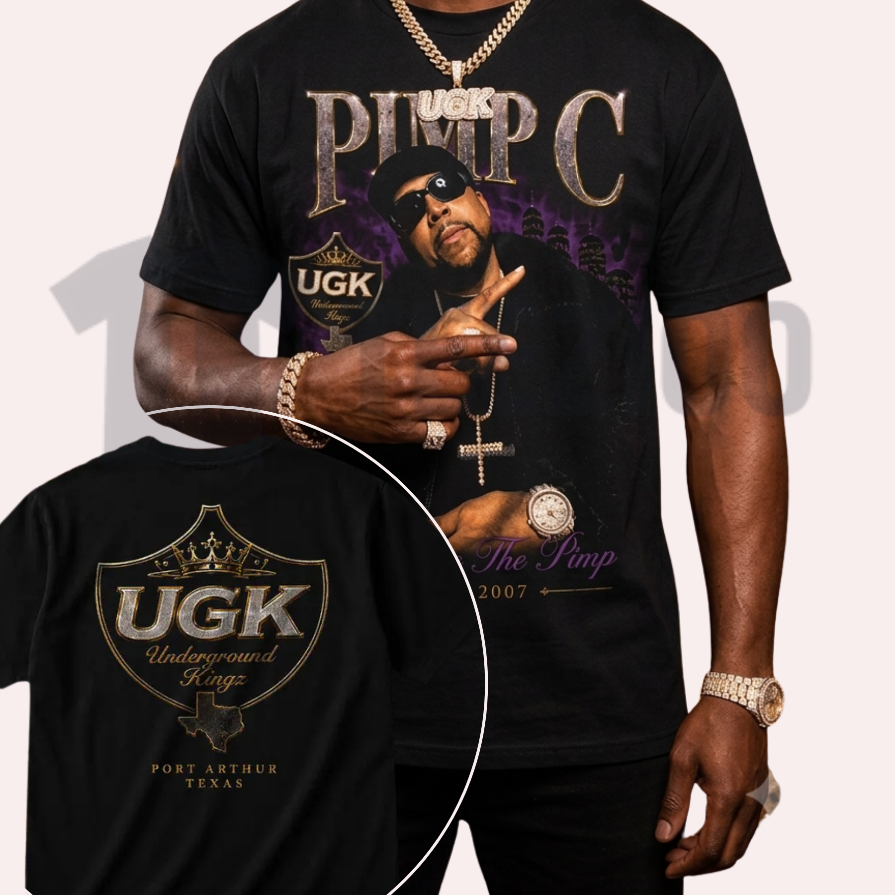 Front view of Pimp C Long Live The Pimp Heavy Cotton Graphic T-Shirt in a 90s bootleg rap merch style - teezioo