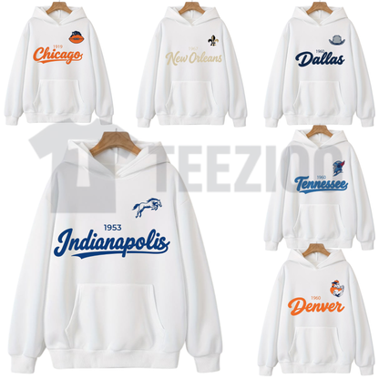 Front view of Retro City Football Hoodie styled in a casual game-day outfit with denim jeans and sneakers - teezioo