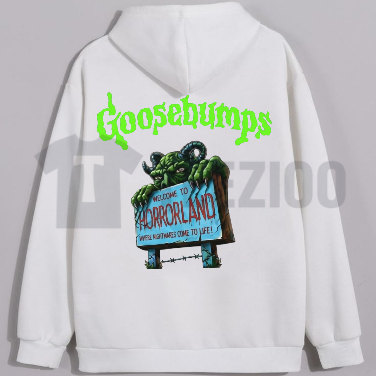 Front view of Retro Goosebumps Horrorland Hoodie styled in a 90s spooky autumn streetwear outfit - teezioo