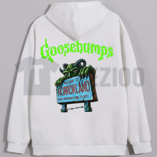 Front view of Retro Goosebumps Horrorland Hoodie styled in a 90s spooky autumn streetwear outfit - teezioo