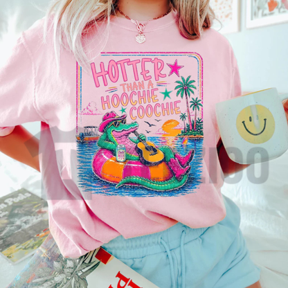 Front view of Super Hot Summer Crocodile Vacation T-Shirt in a vibrant retro beach styling - teezioo