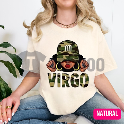 Front view of Virgo Queen Camo Hat T-Shirt styled in a trendy streetwear birthday outfit - teezioo