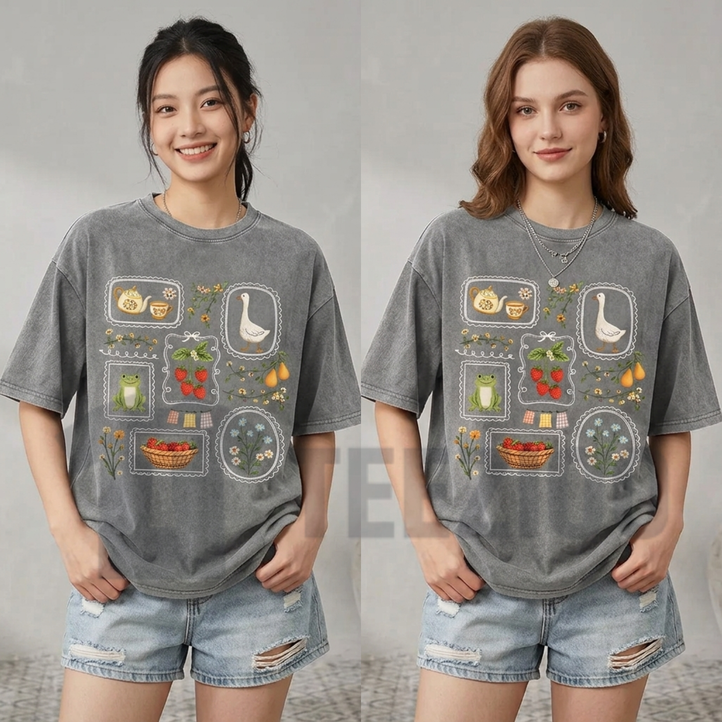 Front view of Women's Vintage Acid Wash T-Shirt styled in a loose oversized streetwear look - teezioo