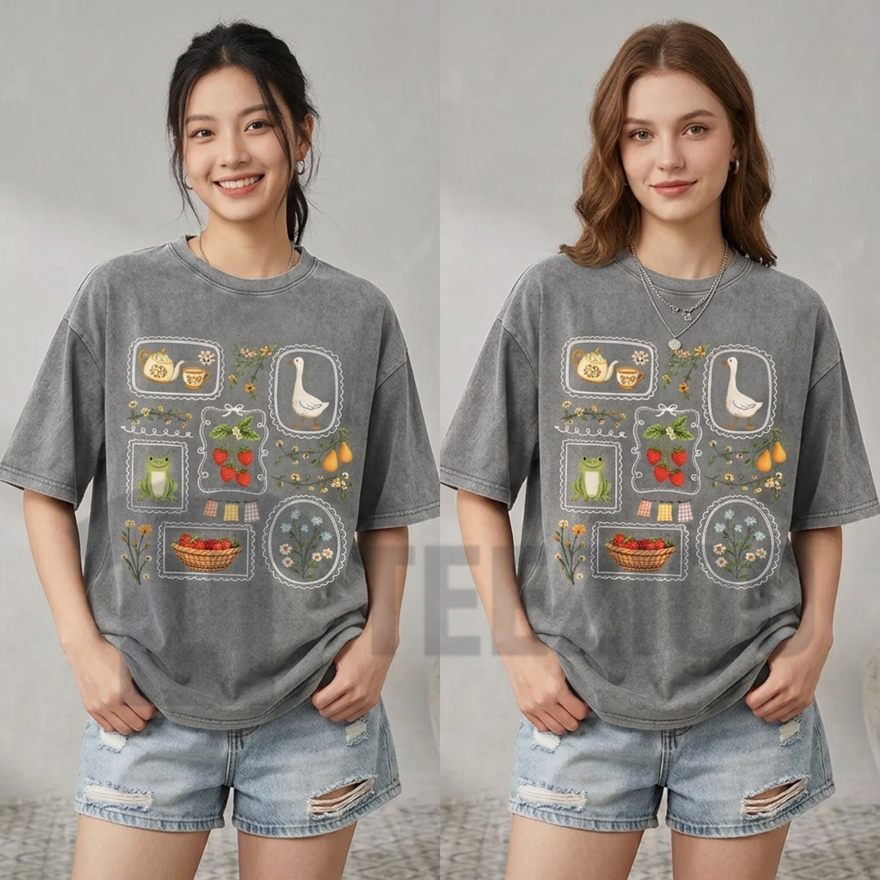 Front view of Women's Vintage Acid Wash T-Shirt styled in a loose oversized streetwear look - teezioo