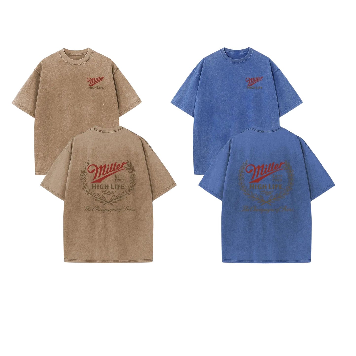 Holafish Miller High Life Acid Wash T-Shirt – Champagne of Beers Double-Sided Graphic Tee, Retro Lightweight Cotton Streetwear - Teezioo