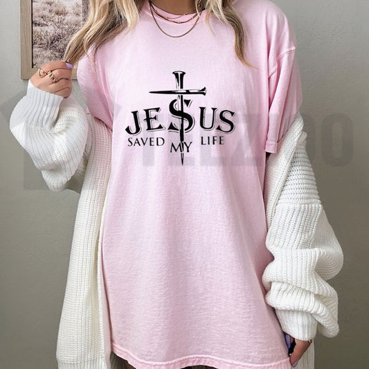 Jesus Saved My Life Christian Cross Long Sleeve T-Shirt Faith Lover Slim Fit Top - Teezioo