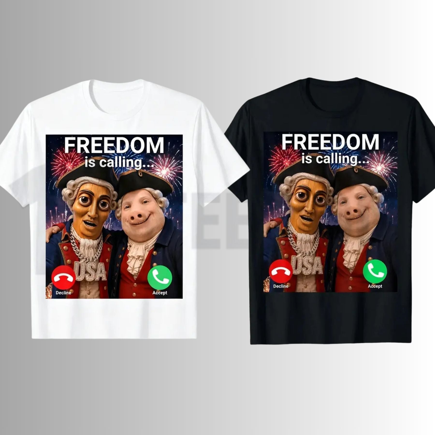John Pork Freedom Is Calling 4th of July Tung Tung Tung Sahur Meme Graphic T-Shirt - Teezioo