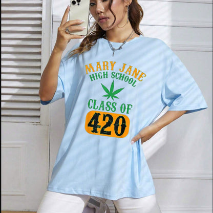 "Mary Jane High School Class of 420" T-Shirt – Retro Collegiate Stoner Graphic Tee, Premium 100% Cotton Herbal Humor Top, Made in USA - Teezioo