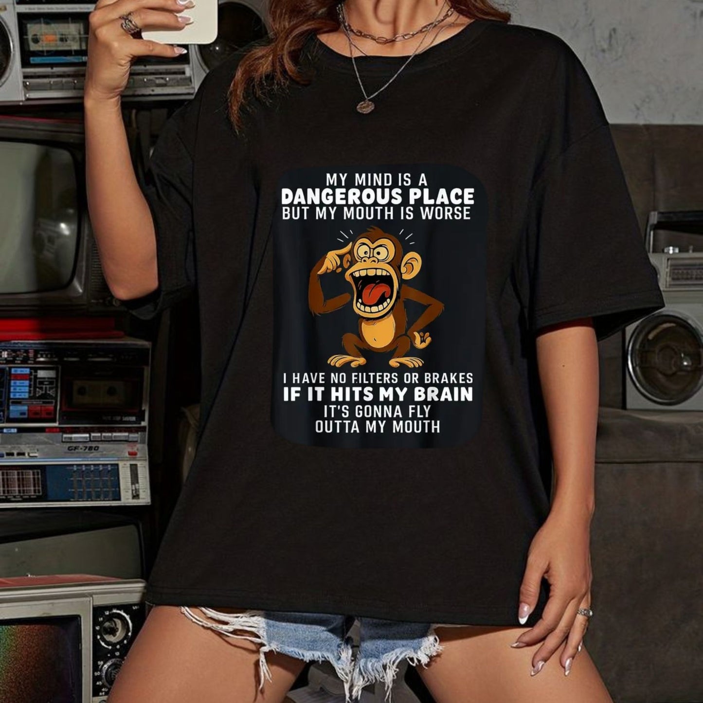My Mind Is A Dangerous Place T-Shirt – Funny Monkey Graphic Tee, Humorous Party Shirt, Unisex Cotton Top - Teezioo