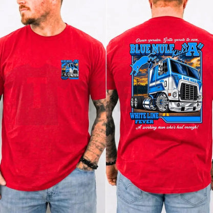 Outlaw Country Top – Blue Mule White Line Fever Trucker Band Graphic Apparel - Teezioo