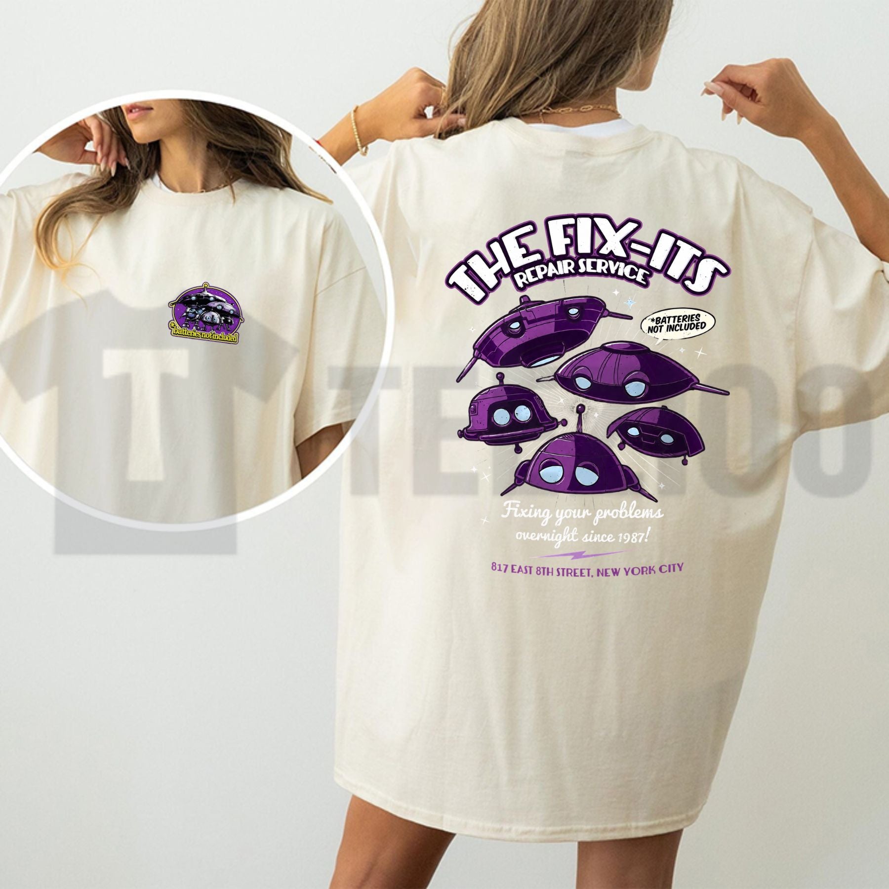Retro 80s Sci-Fi Batteries Not Included Tee – Fix-Its Repair Service Shirt - Teezioo