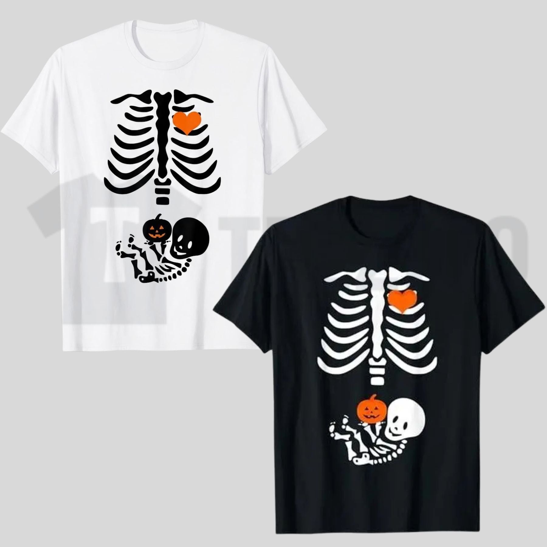 Skeleton Baby Rib Cage Maternity Funny Halloween Pregnant Pumpkin Graphic T-Shirt - Teezioo