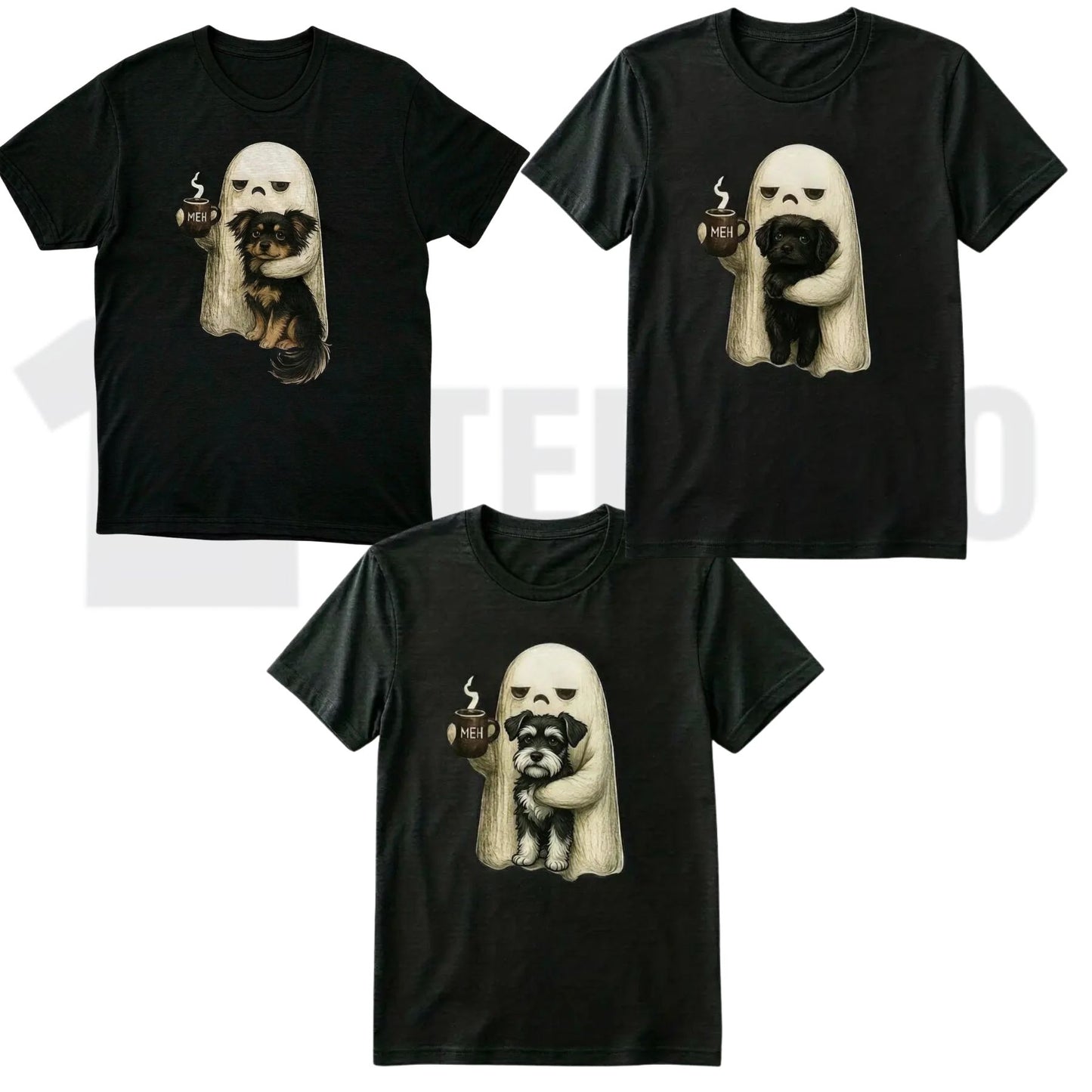 Spooky Black Cat & Coffee Graphic Shirt – Ghost Cat Halloween Apparel - Teezioo