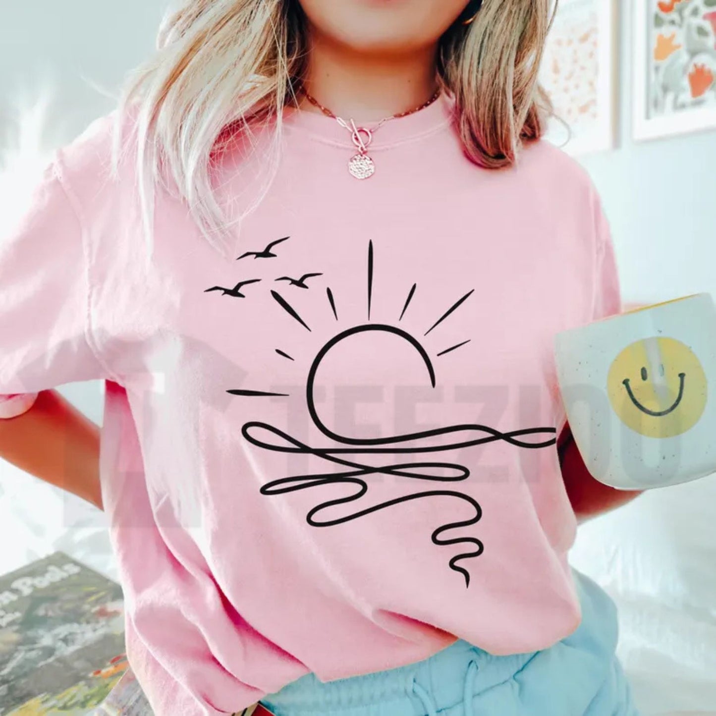 Sun Ocean Boho Comfort Colors Shirt – Minimalist Linear Summer Beach Tee - Teezioo