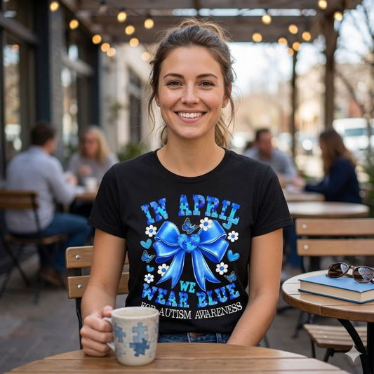 Sweet Coquette Bow Autism Awareness Tee – "In April We Wear Blue" Aesthetic Shirt - Teezioo
