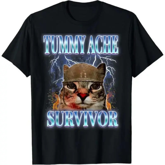 "Tummy Ache Survivor" Funny Cat T-Shirt – Vintage Meme Graphic Tee, Unisex Cotton Shirt - Teezioo