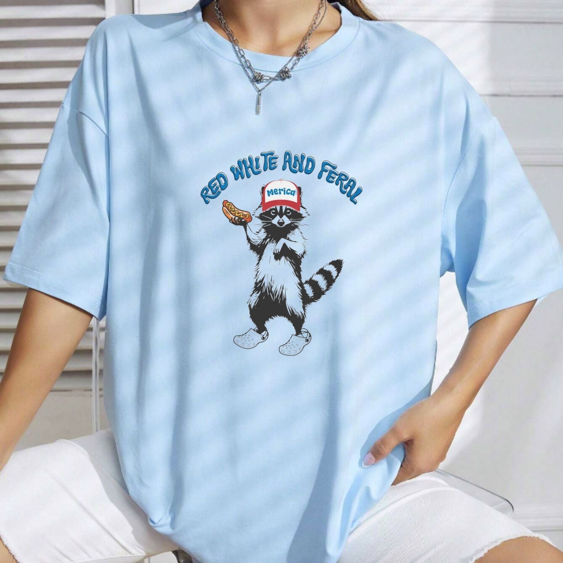 USA Feral Raccoon T-Shirt – Funny Patriotic Red White & Blue Graphic Tee, Unisex Cotton Shirt - Teezioo