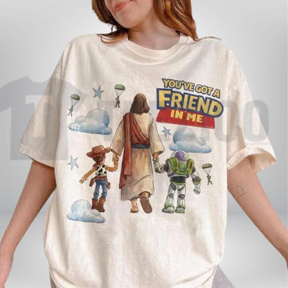 Vintage Christian Faith Top – Retro Jesus You've Got A Friend In Me Graphic Apparel - Teezioo