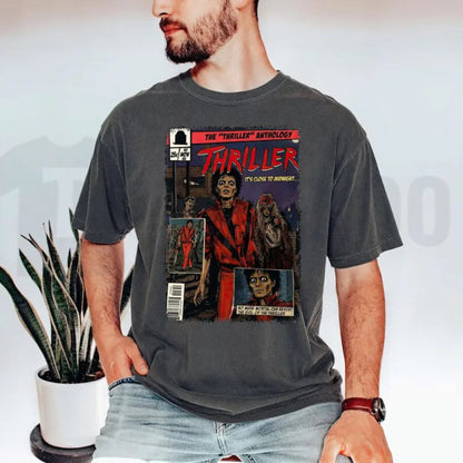 Vintage MJ Comic Graphic T-Shirt – Retro King of Pop Thriller Art Tee, 80s Pop Culture Music Fan Merchandise - Teezioo