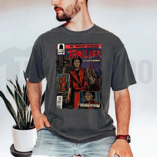 Vintage MJ Comic Graphic T-Shirt – Retro King of Pop Thriller Art Tee, 80s Pop Culture Music Fan Merchandise - Teezioo
