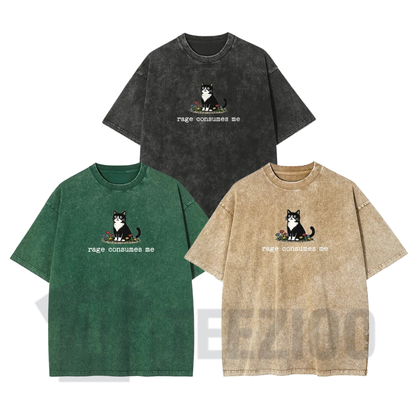 Vintage Washed "Rage" Cat Meme T-Shirt - Teezioo