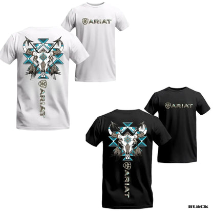 Western Tribal Skull T-Shirt – Bull Skull & Blue Aztec Graphic Tee, Unisex Cotton Shirt - Teezioo